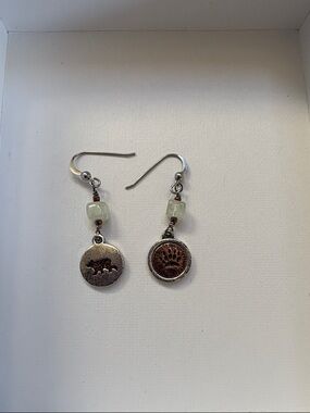 New! Silver Tone Bear & Paw Charm Earrings with Pale Green Beads